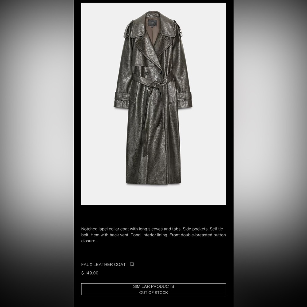 ZARA Sold OUT/ Not Restocking Faux Leather olive Green Trench Coat size M-L
